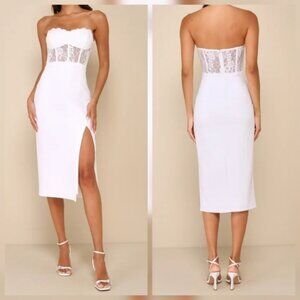 Lulus Exquisitely Sultry White Lace Strapless Bustier Midi Dress, Size Medium